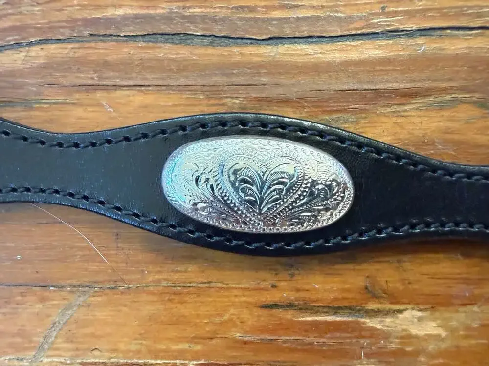 Vintage Western Black Leather Scalloped Belt with Silver Heart Conchos